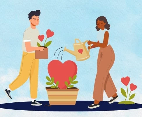 The effort of love - A cartoon illustration of two people nurturing a large plant with a heart-shaped flower. The illustration symbolizes the effort and care required to nurture love and relationships.